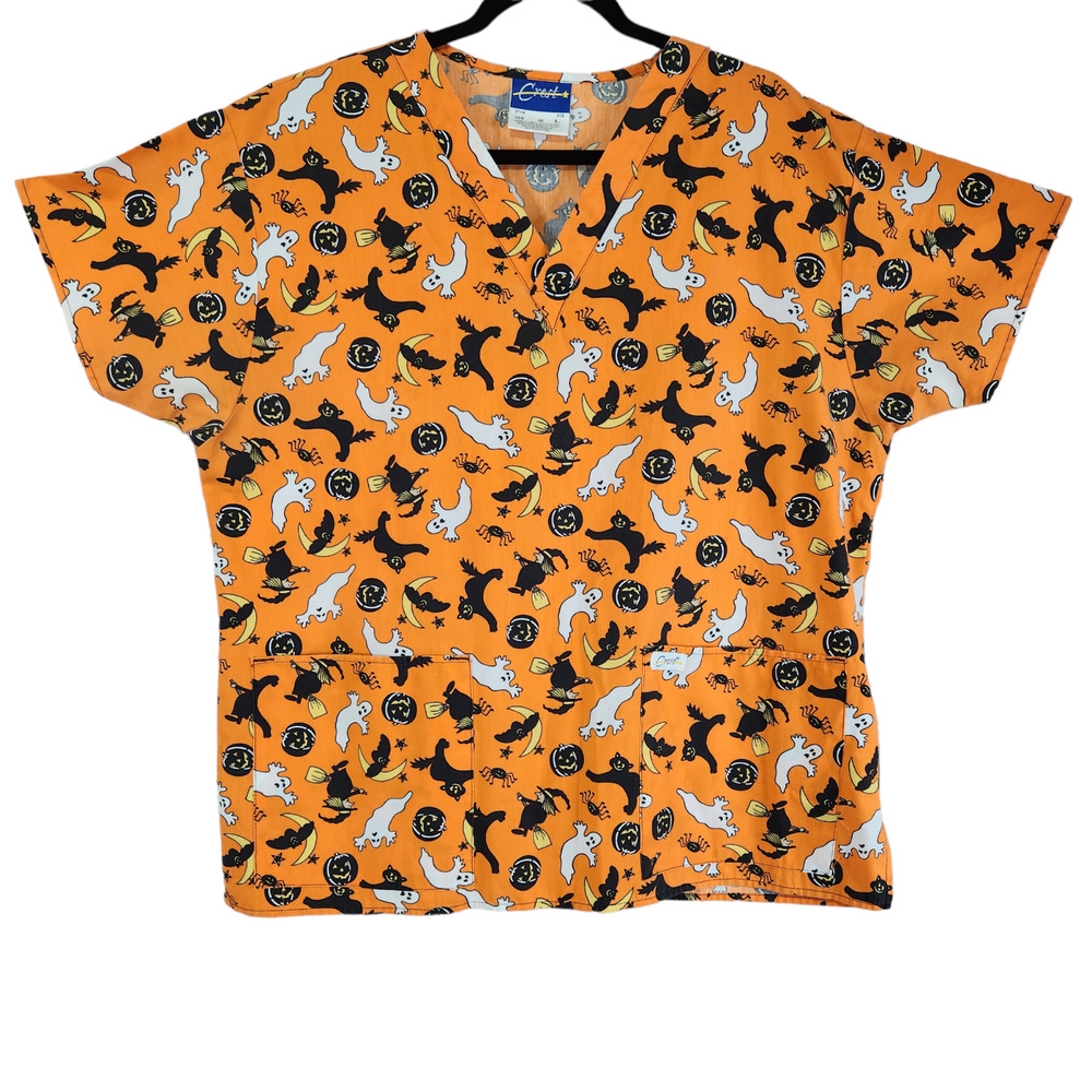 Crest Womens Large Scrub Top Shirt Halloween Ghost Witch Black Cat Spider Orange